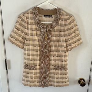 Marisa K cream light brown knit zipper front short sleeve textured sweater Sz L
